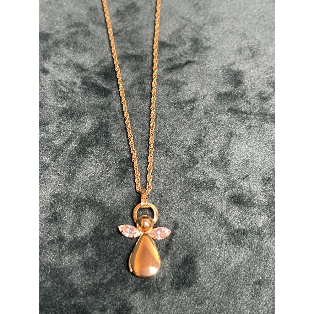 Gold Tone Angel Locket Necklace Pink Crystal Wings Cherub Pendant 18 Inch Chain